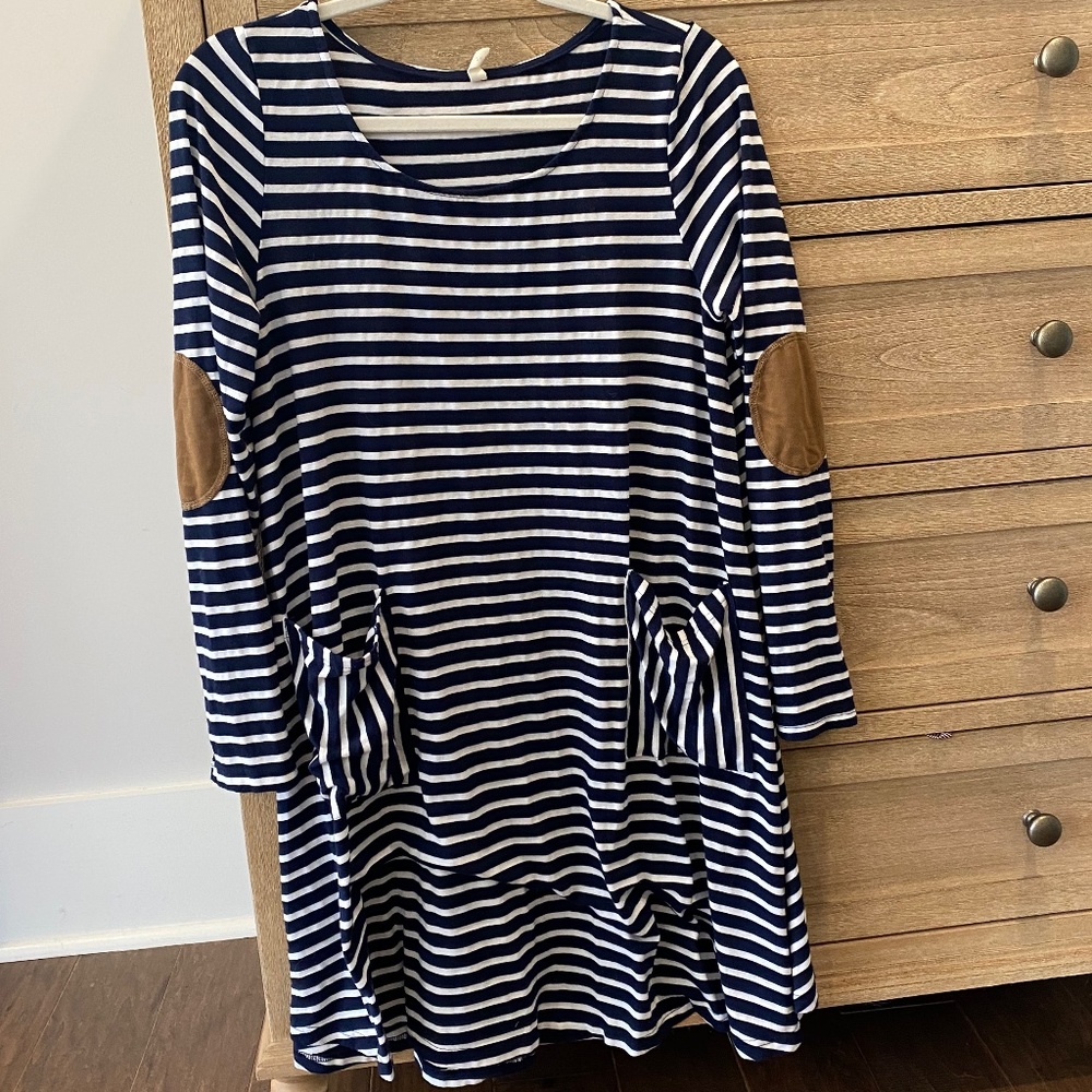 Blue and white stripe dress with pockets and elbow patch, size S from PinkBlush